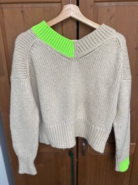 Helmut Lang Beige Sweater with Neon Green Trim